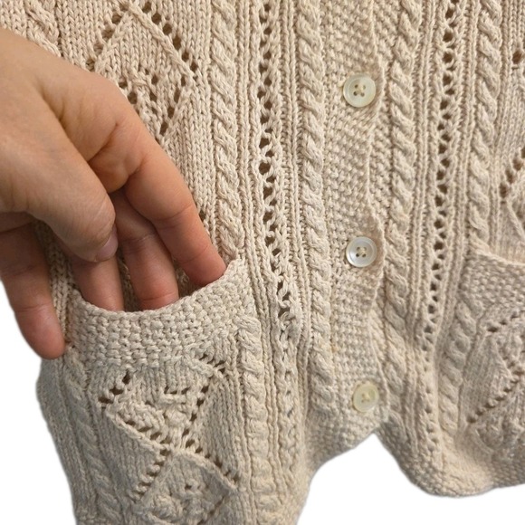 RALPH LAUREN WOMENS  HAND KNIT CARDIGAN SWEATER BEIGE EMBROIDERED COTTON MEDIUM - Picture 4 of 9